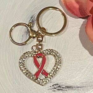 Pink Awareness Ribbon Rhinestone Heart Gold Tone Bag Charm Keychain